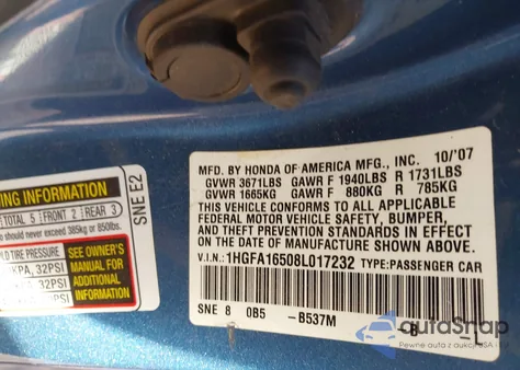 2008 Honda Civic Lx из США, поврежденный, VIN 1HGFA16508L017232